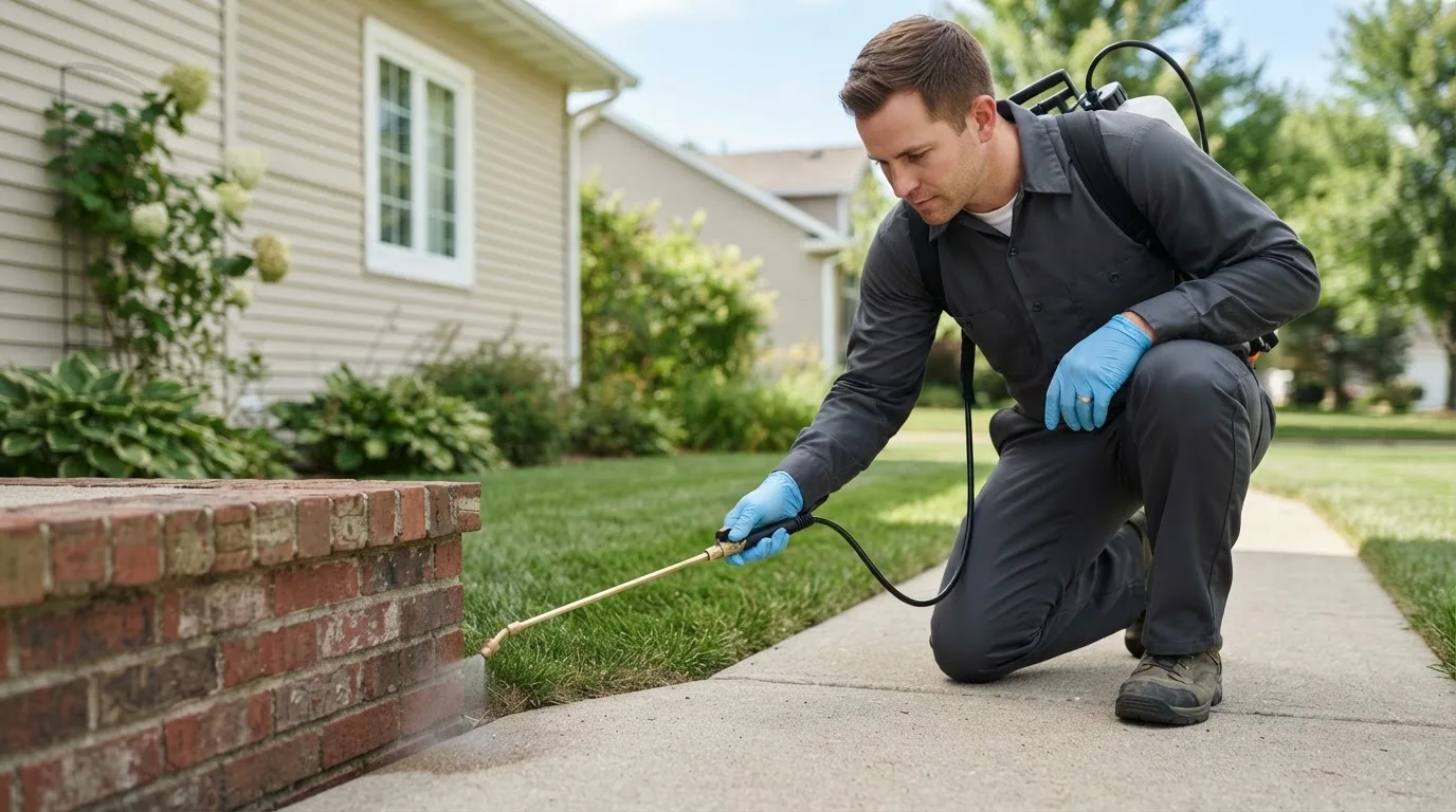 Pest control technician treating a home near Fairdale, ND