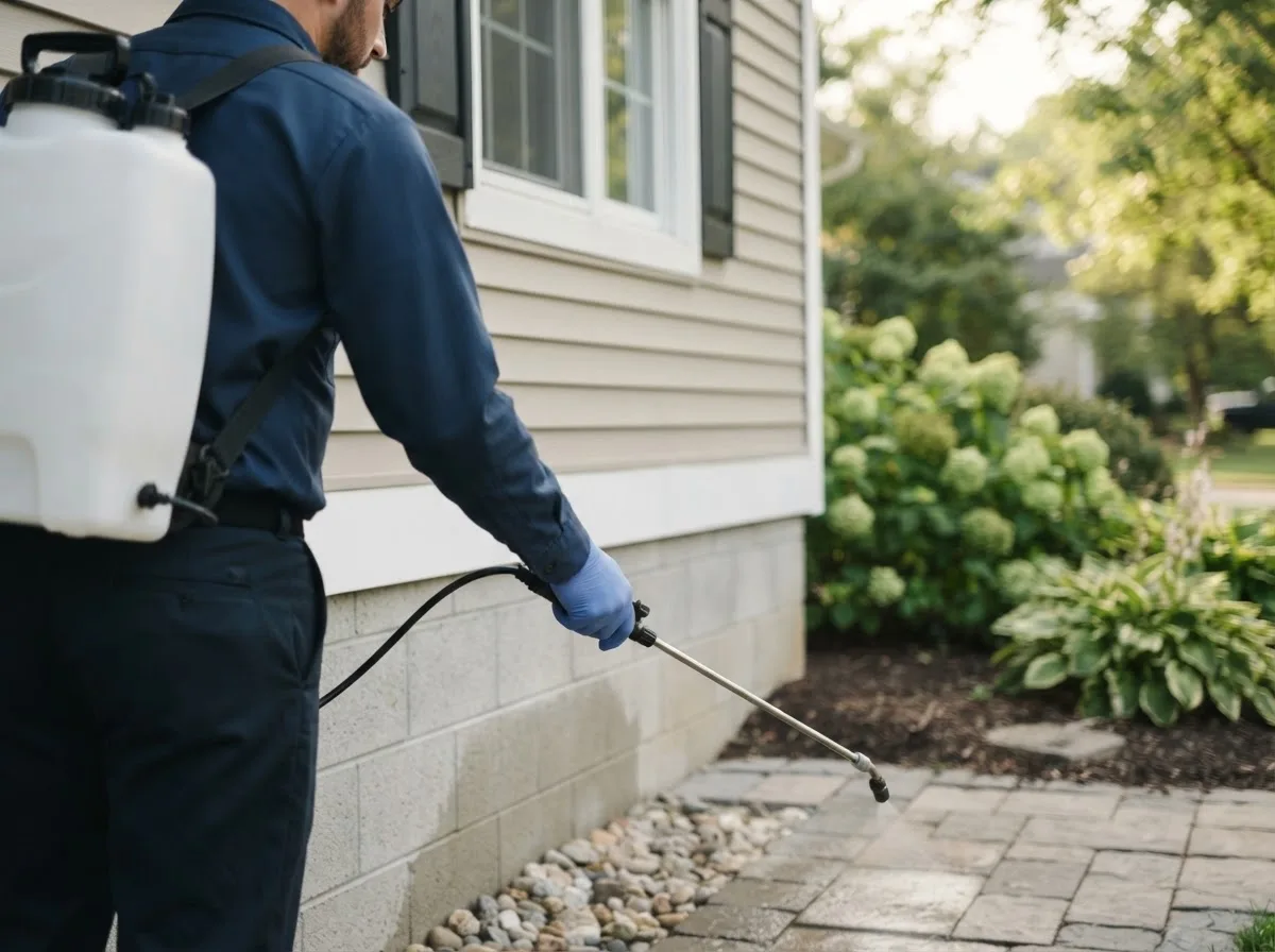Pest control technician inspecting a home in Fairdale, ND